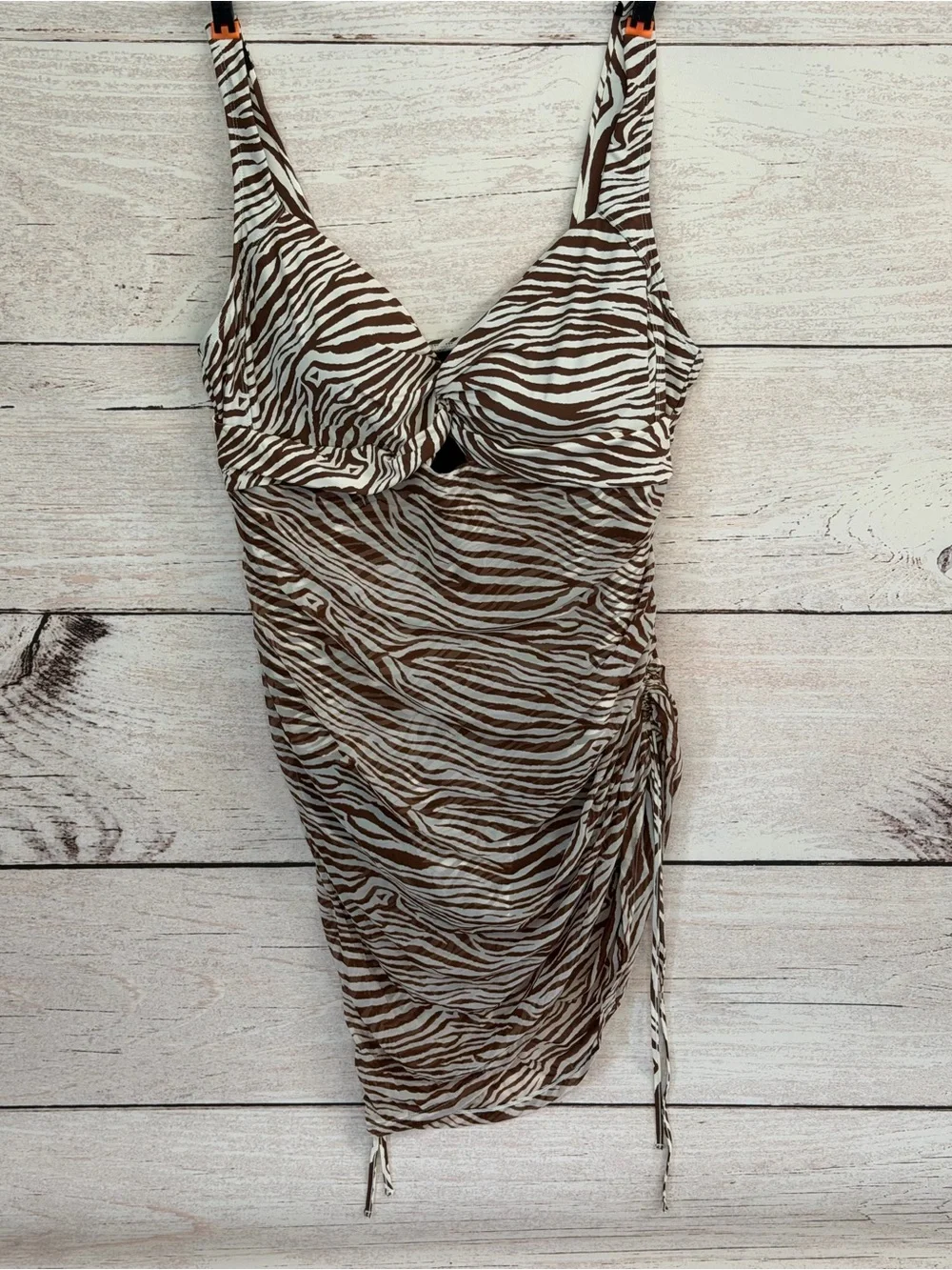 Brown Zebra-Print One-Piece Swimsuit with Side Tie and Built-In Support
